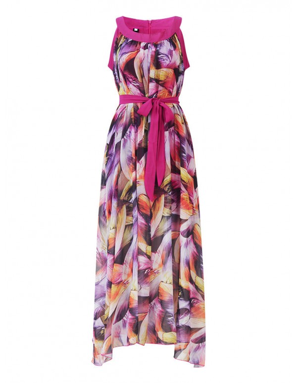 Bohemian Women Feather Print Chiffon Loose Hem Maxi Dress With Belt