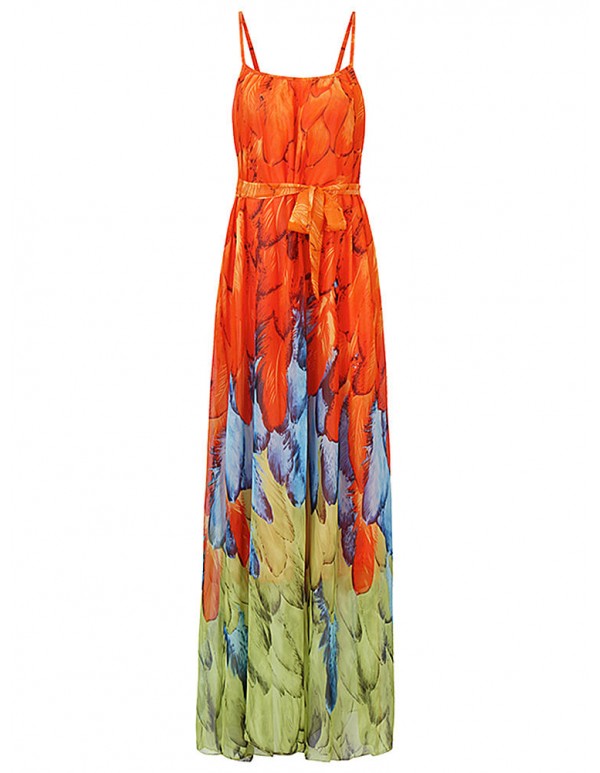 Women Summer Chiffon Spaghetti Strap Printed Loose Maxi Dress