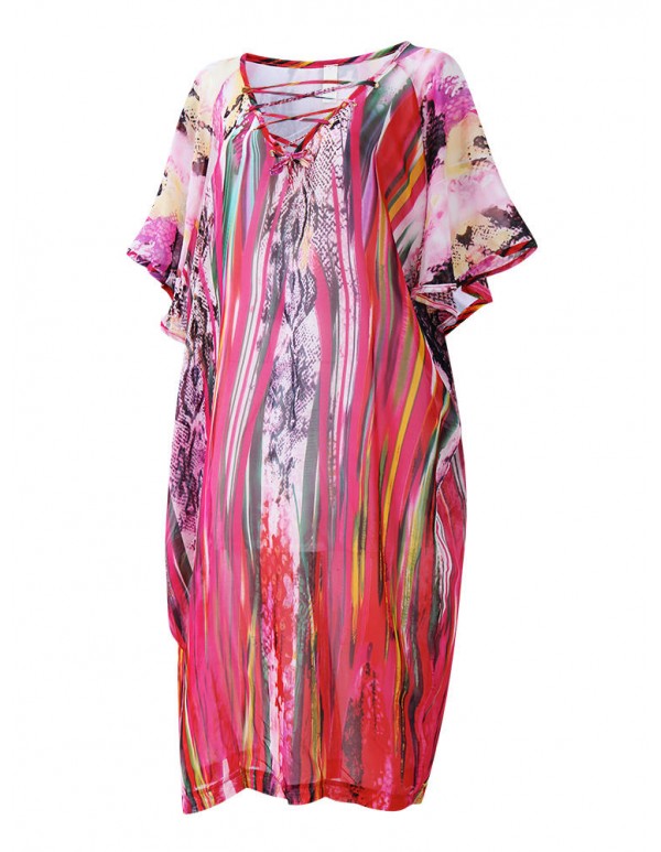 Women Short Sleeve V-Neck Printed Side Split Summer Chiffon Beach Dress