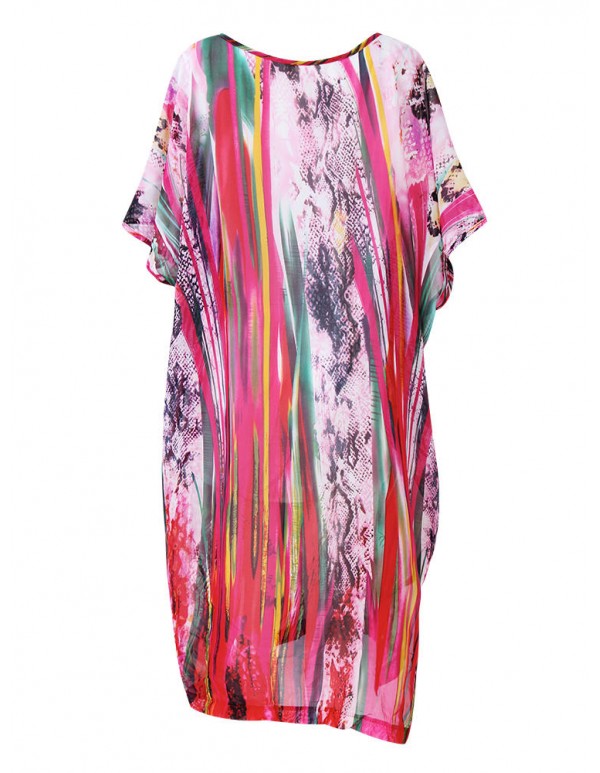 Women Short Sleeve V-Neck Printed Side Split Summer Chiffon Beach Dress