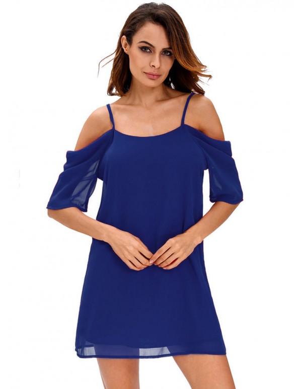 Sexy Spaghetti Strap Off Shoulder Women Half Sleeve Chiffon Mini Dresses