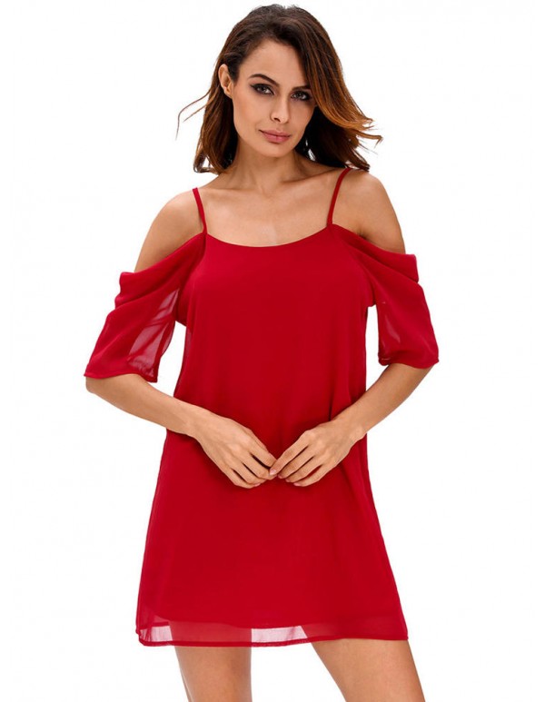 Sexy Spaghetti Strap Off Shoulder Women Half Sleeve Chiffon Mini Dresses