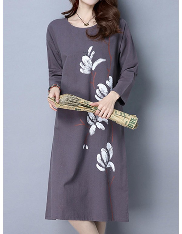 Vintage Women Long Sleeve Floral Printed Loose Dresses