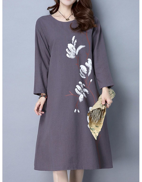 Vintage Women Long Sleeve Floral Printed Loose Dresses