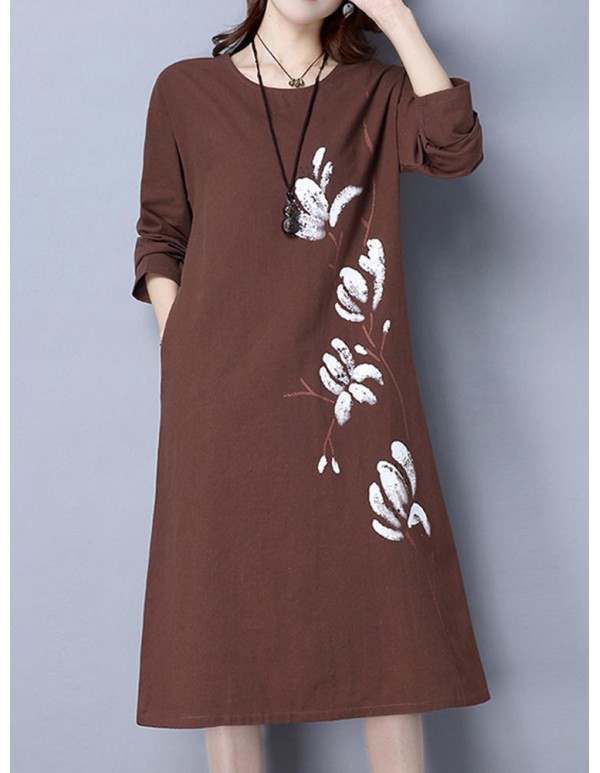 Vintage Women Long Sleeve Floral Printed Loose Dresses