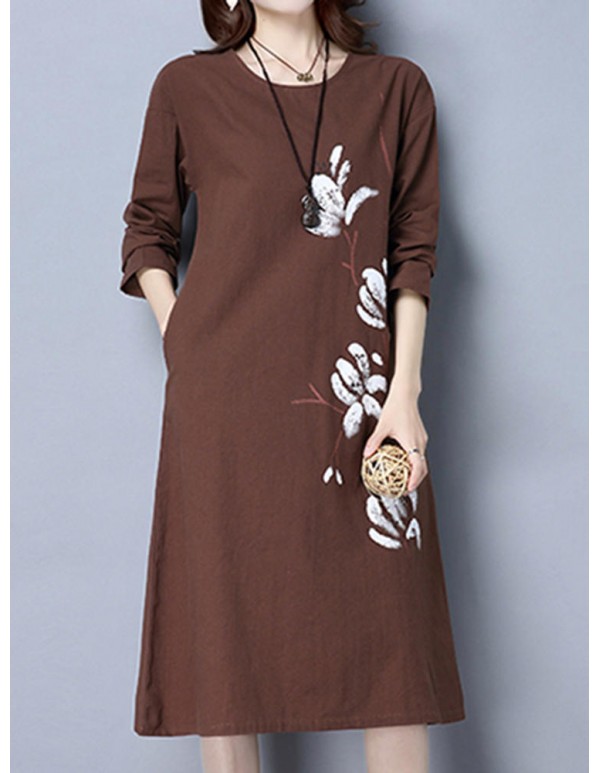 Vintage Women Long Sleeve Floral Printed Loose Dresses