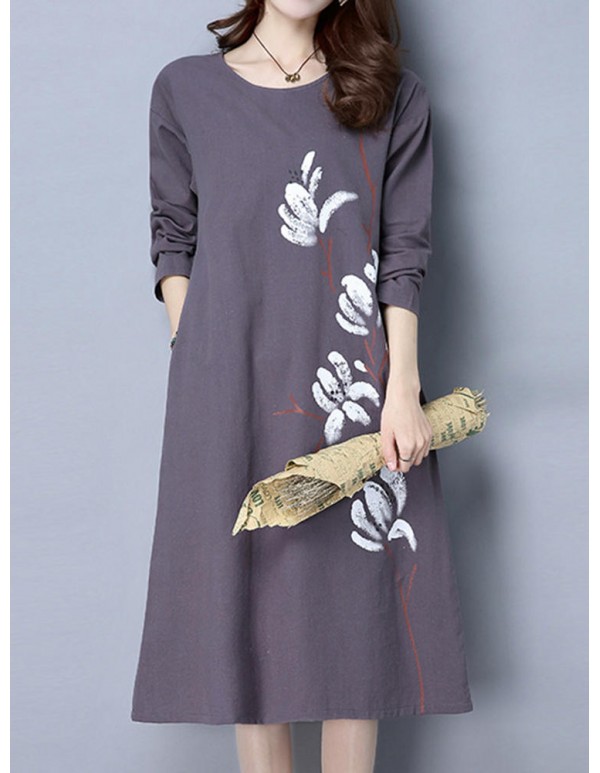 Vintage Women Long Sleeve Floral Printed Loose Dresses