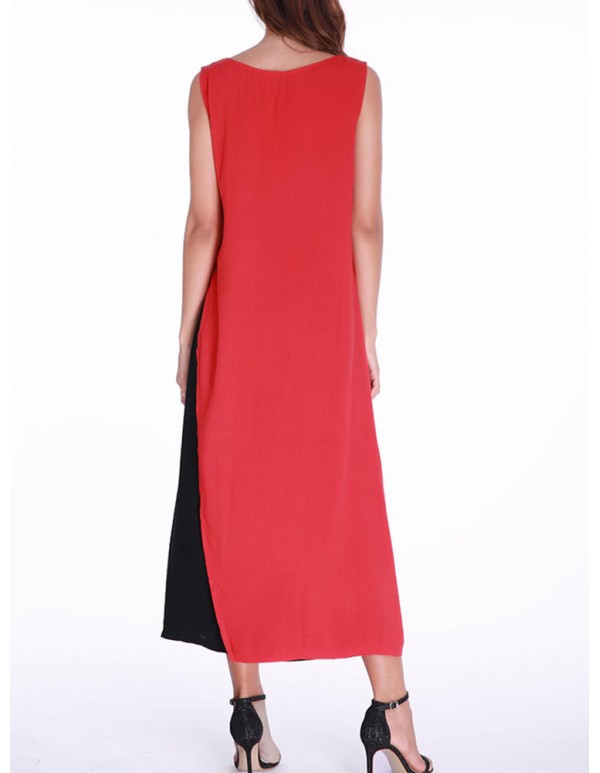 Women Layered Hem Sleeveless Patchwork O-Neck Dress