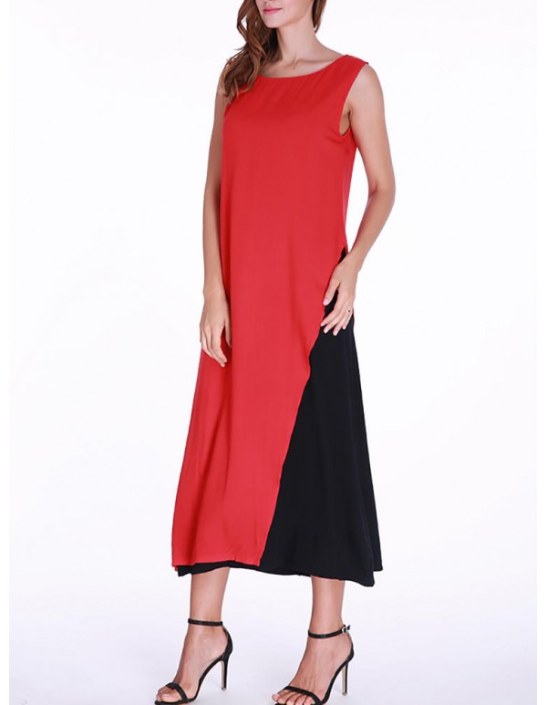 Women Layered Hem Sleeveless Patchwork O-Neck Dress