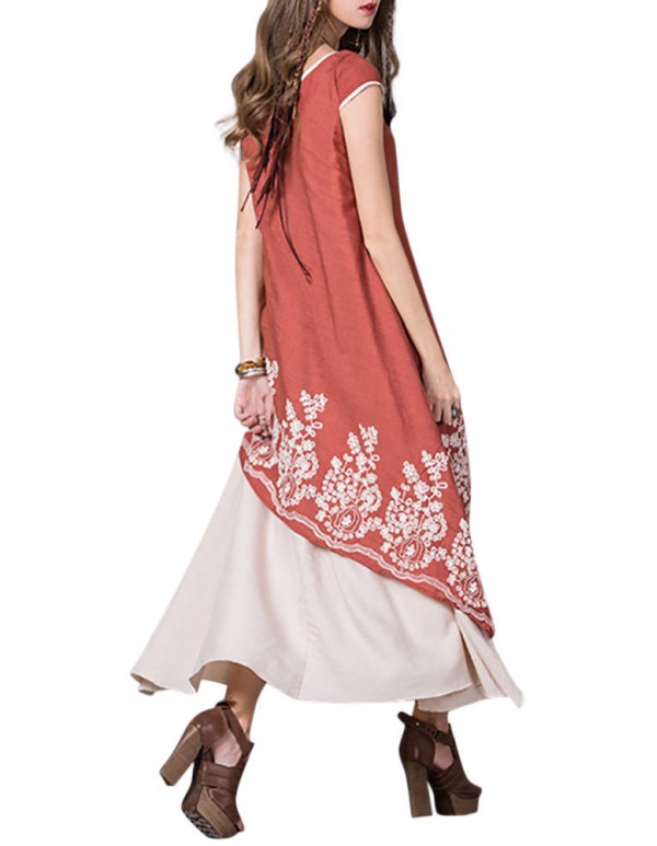 Floral Embroidered O-Neck Short Sleeve Layered Dress For Women