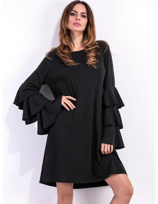 Black Women Ruffle Sleeve O-Neck Party Mini Dresses