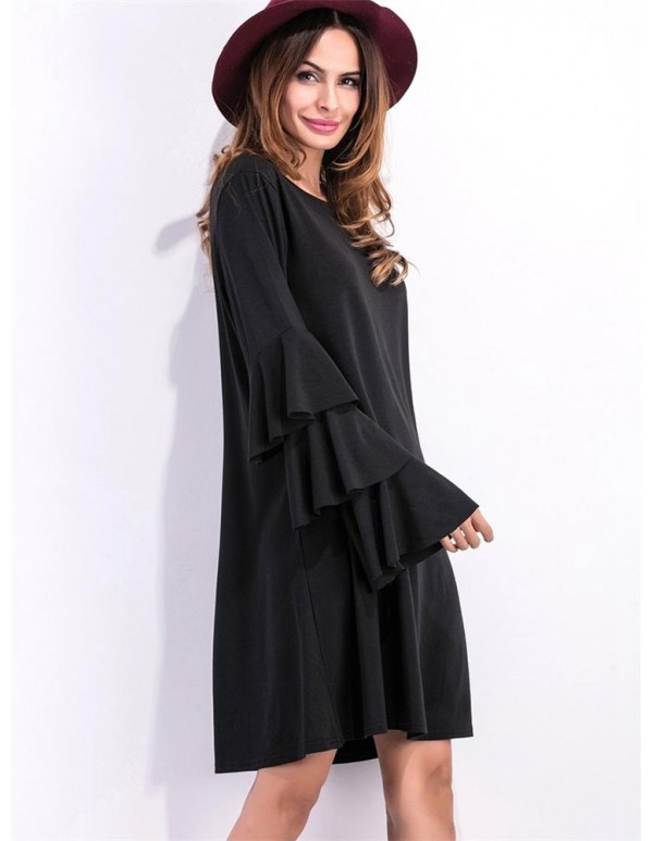 Black Women Ruffle Sleeve O-Neck Party Mini Dresses