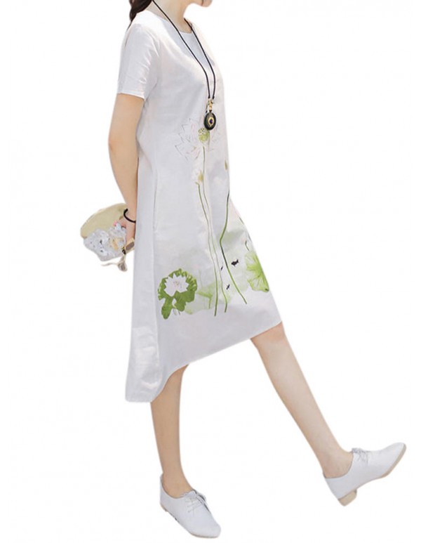 Women Printed Short Sleeve Pocket Summer Mid Dresses