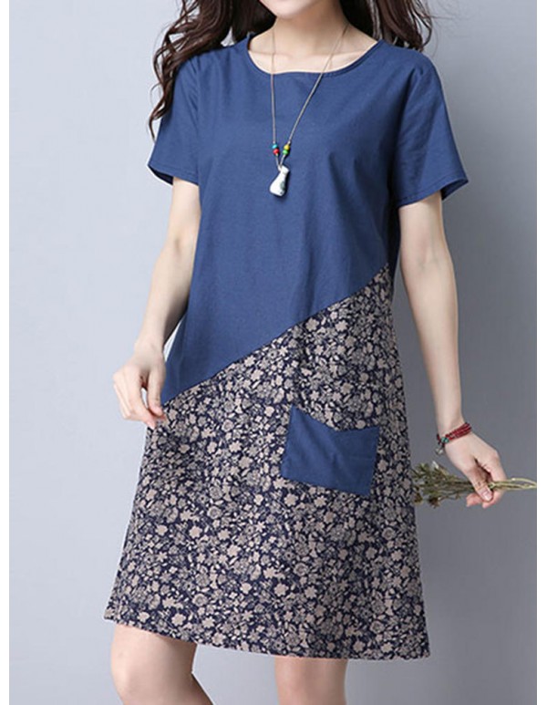 Vintage Women O-neck Pocket Floral Patchwork Loose Dresses