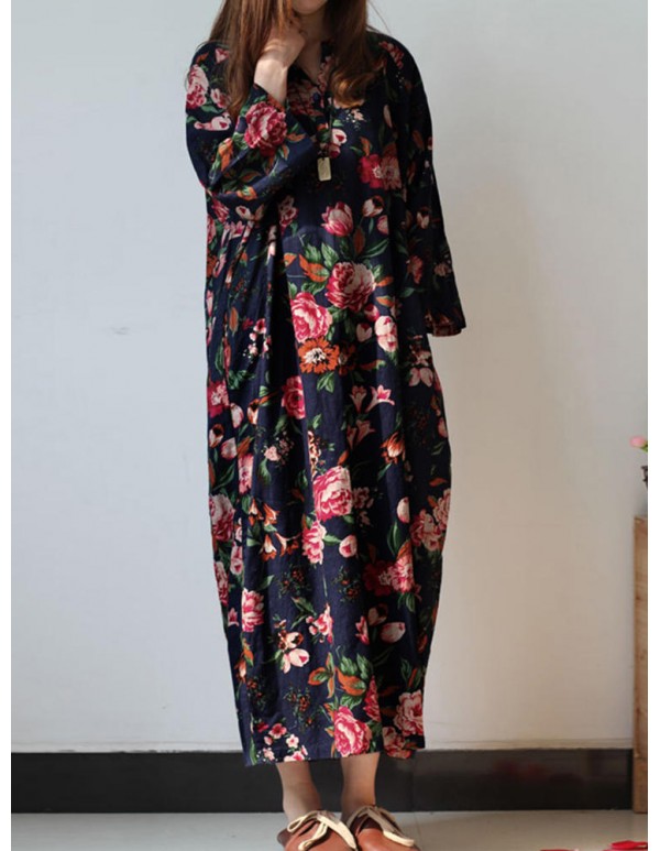 Retro Women Floral Printed 3/4 Sleeve Loose Maxi Dresses