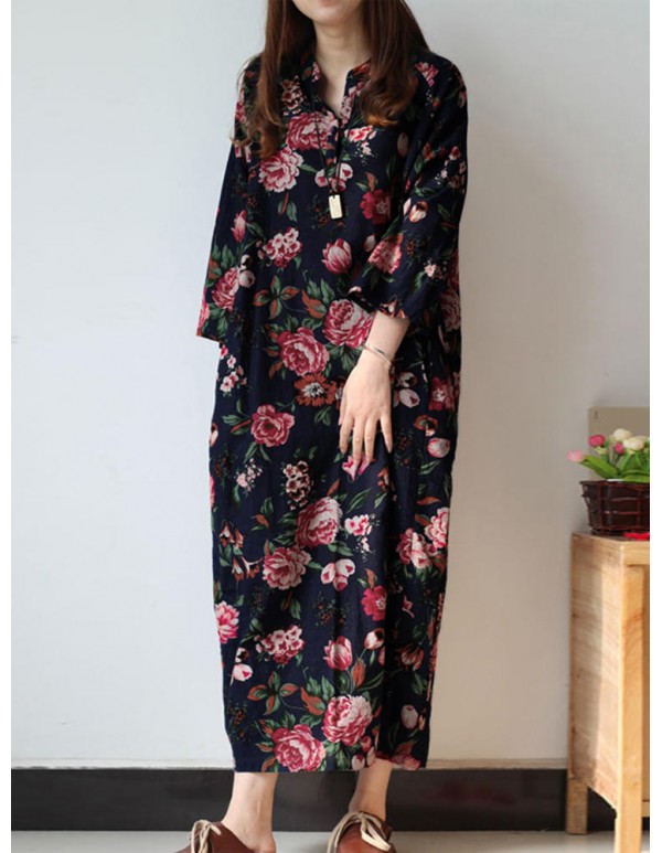 Retro Women Floral Printed 3/4 Sleeve Loose Maxi Dresses