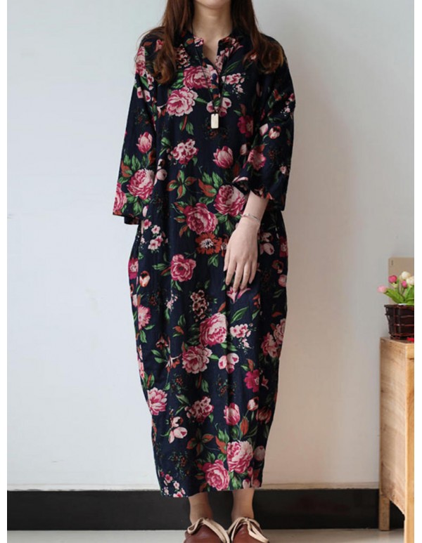 Retro Women Floral Printed 3/4 Sleeve Loose Maxi Dresses