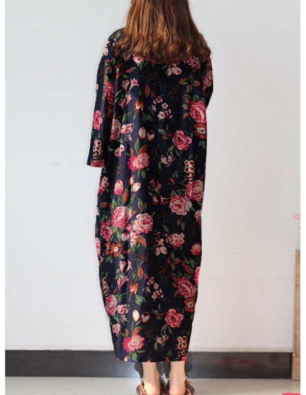 Retro Women Floral Printed 3/4 Sleeve Loose Maxi Dresses