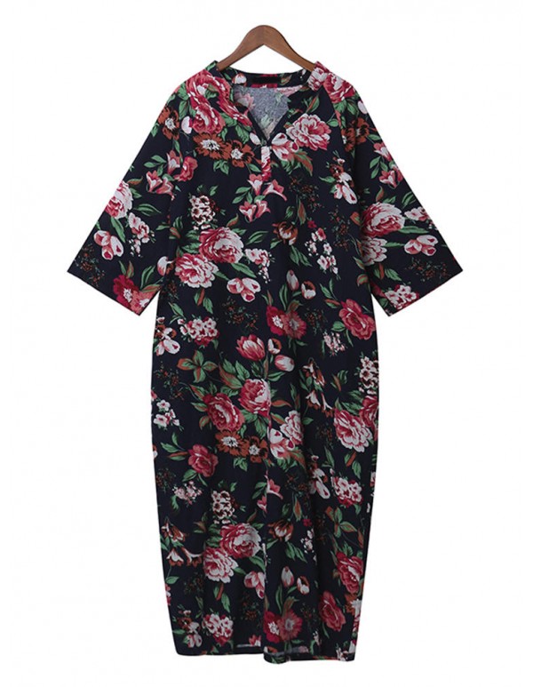 Retro Women Floral Printed 3/4 Sleeve Loose Maxi Dresses