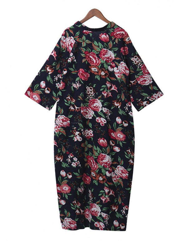 Retro Women Floral Printed 3/4 Sleeve Loose Maxi Dresses