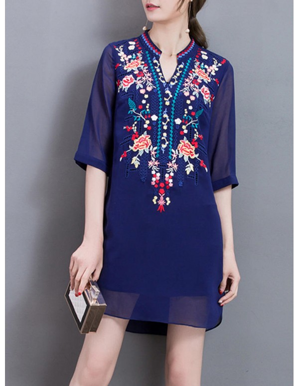 Elegant Women Embroidery Half Sleeve Chiffon Dresses