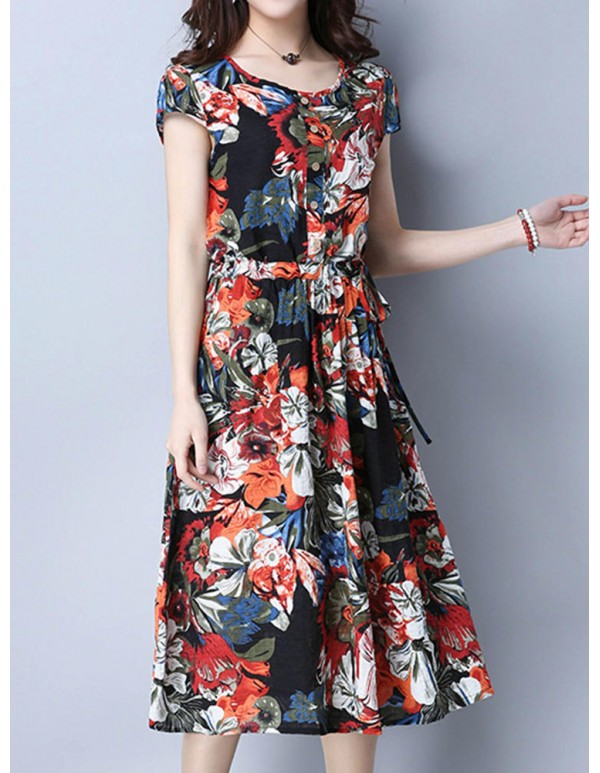 Women Vintage Floral Printed Short Sleeve Elastic Waist Dresses