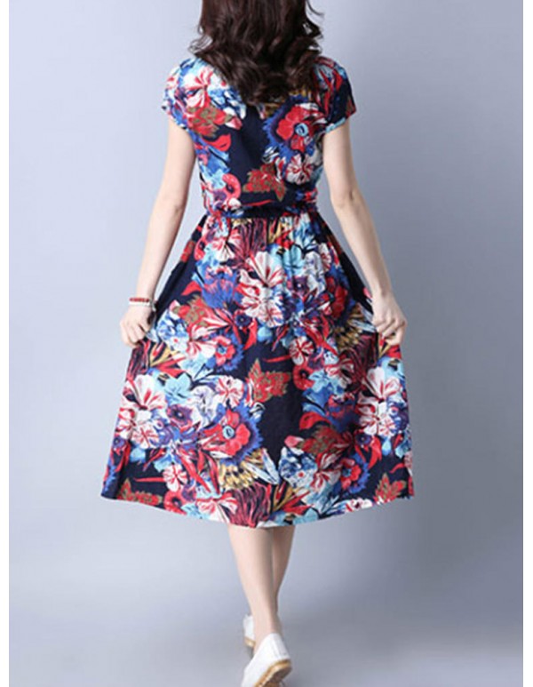 Women Vintage Floral Printed Short Sleeve Elastic Waist Dresses