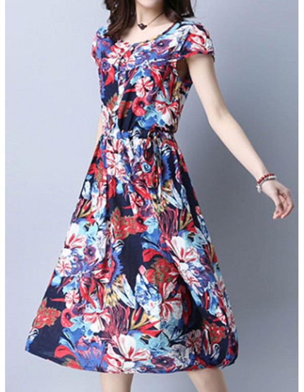 Women Vintage Floral Printed Short Sleeve Elastic Waist Dresses