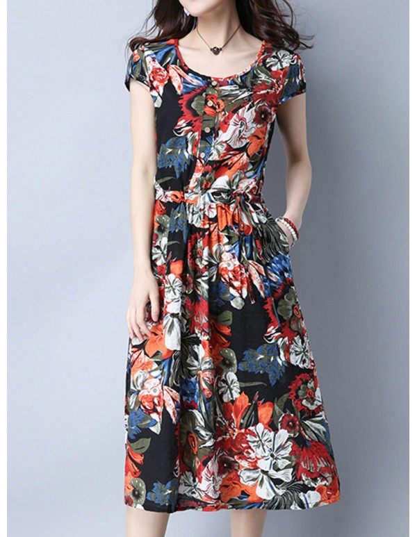 Women Vintage Floral Printed Short Sleeve Elastic Waist Dresses