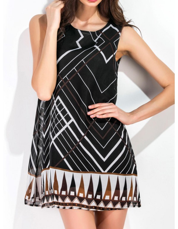 Women Sexy Geometry Print Sleeveless Dresses O-Neck A-Line Mini Dress