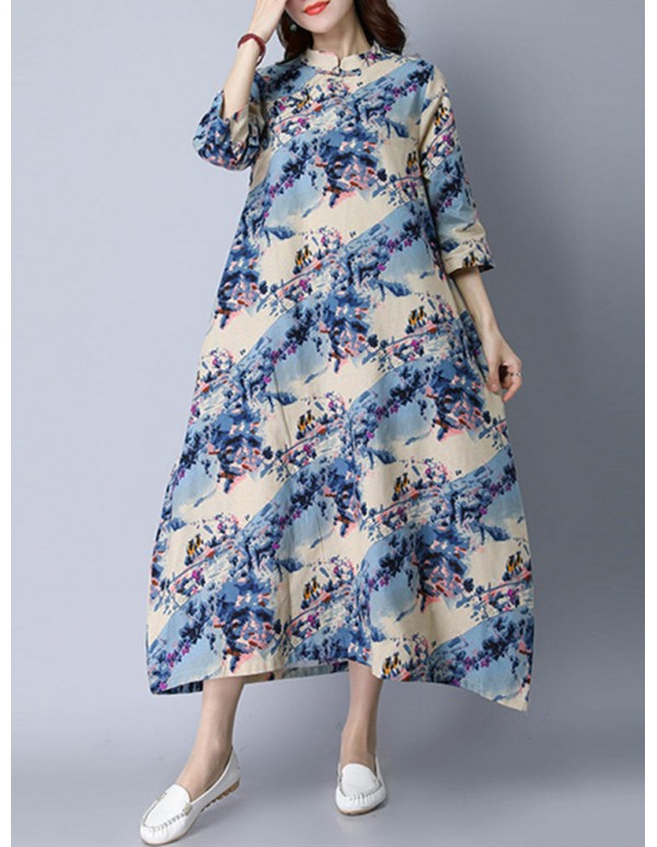 Vintage Women Loose Floral Printed 3/4 Sleeve Maxi Dresses