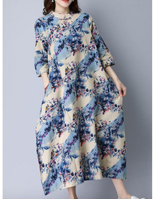 Vintage Women Loose Floral Printed 3/4 Sleeve Maxi Dresses