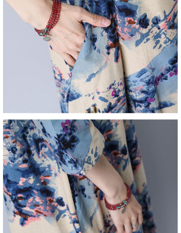 Vintage Women Loose Floral Printed 3/4 Sleeve Maxi Dresses