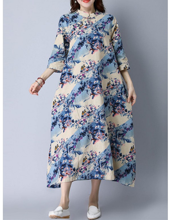 Vintage Women Loose Floral Printed 3/4 Sleeve Maxi Dresses