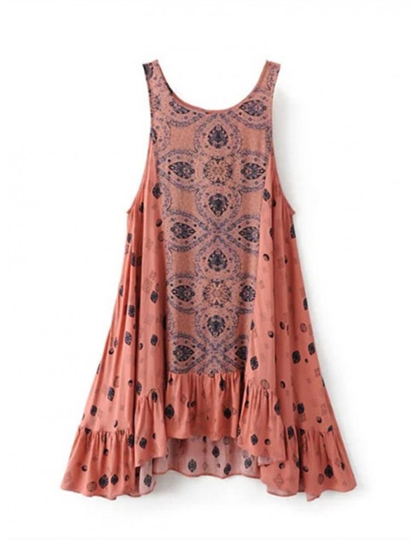 Women Printed Back Hollow Dresses Sleeveless Mini Dress