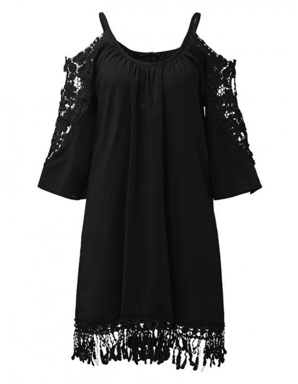 Women Off Shoulder Lace Strap Hollow Half Sleeve Casual Mini Dresses