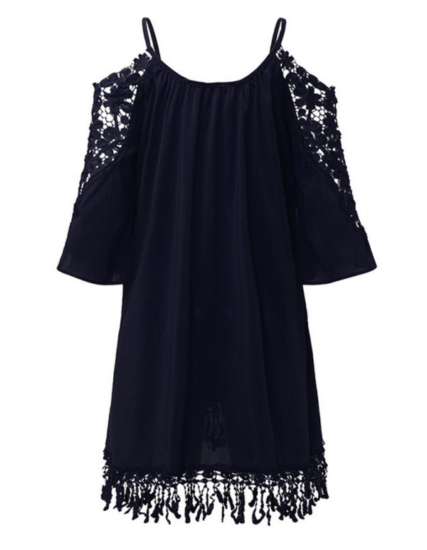 Women Off Shoulder Lace Strap Hollow Half Sleeve Casual Mini Dresses