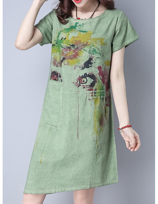 Women Vintage Short Sleeve Printed Dresses Pocket Round Neck Dress