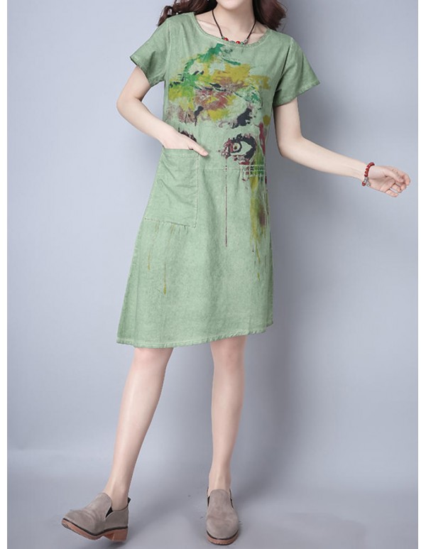 Women Vintage Short Sleeve Printed Dresses Pocket Round Neck Dress