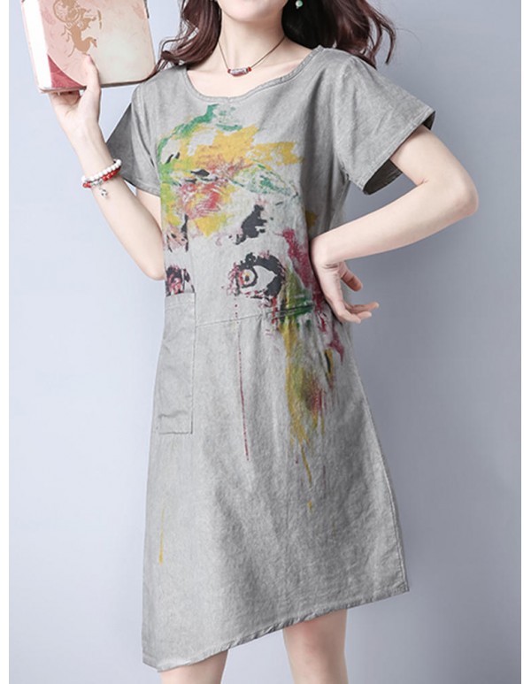 Women Vintage Short Sleeve Printed Dresses Pocket Round Neck Dress