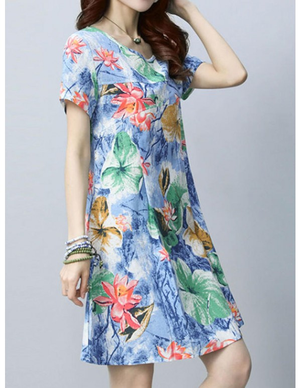 Women Vintage Floral Printed Dresses Short Sleeve O-Neck Dress