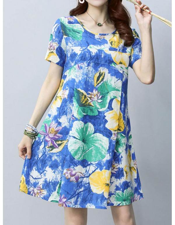 Women Vintage Floral Printed Dresses Short Sleeve O-Neck Dress