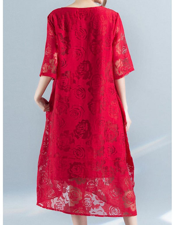 Folk Style Women Jacquard Half Sleeve Loose Dresses