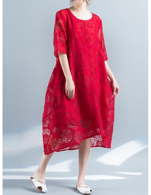 Folk Style Women Jacquard Half Sleeve Loose Dresses