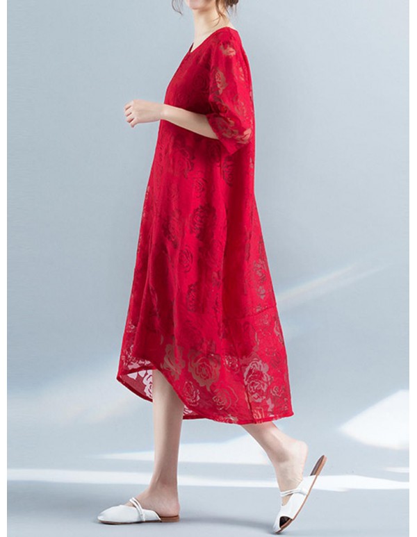 Folk Style Women Jacquard Half Sleeve Loose Dresses