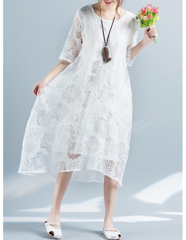 Folk Style Women Jacquard Half Sleeve Loose Dresses