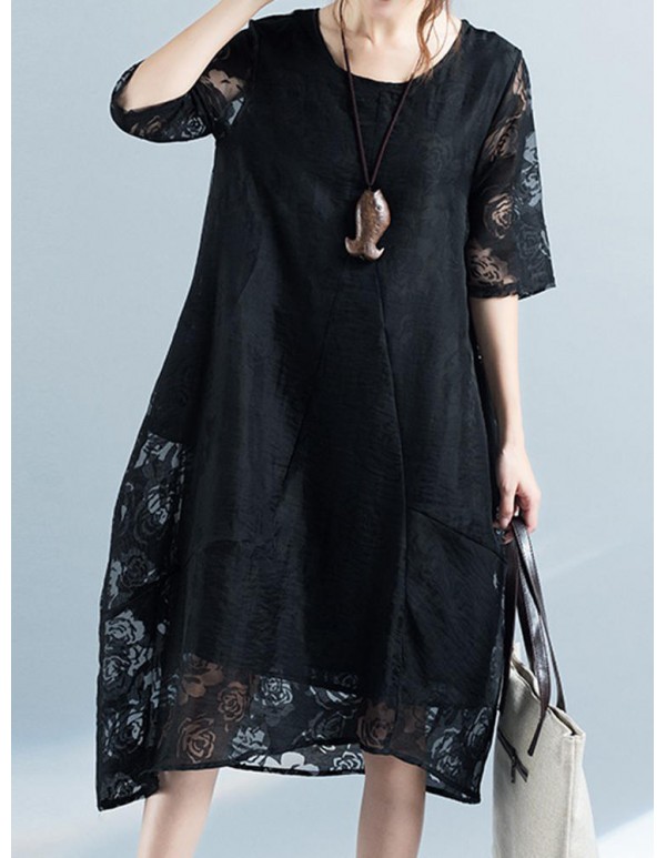 Folk Style Women Jacquard Half Sleeve Loose Dresses