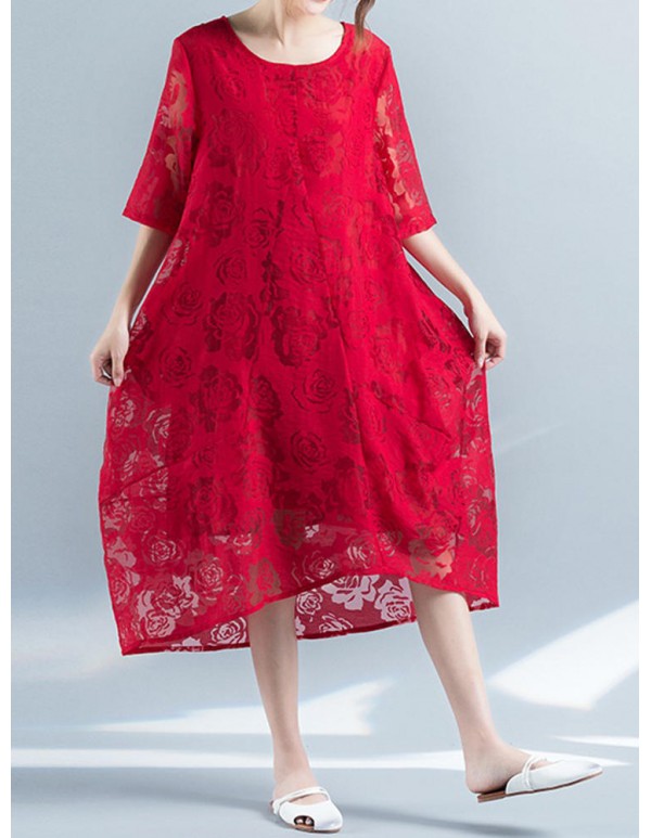 Folk Style Women Jacquard Half Sleeve Loose Dresses