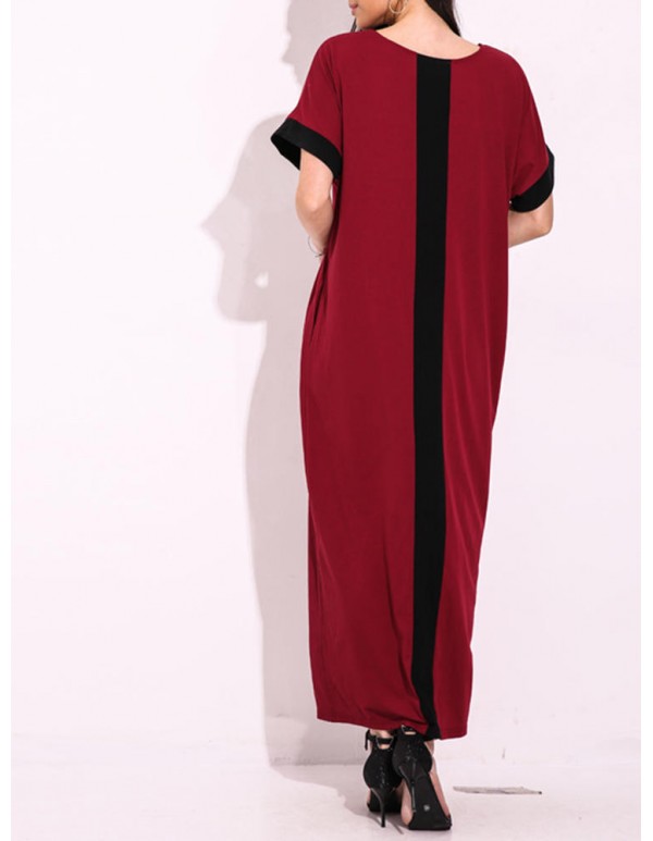 Women Casual Contrast Panel Stripe Scoop Neck Maxi Dress With Pocket