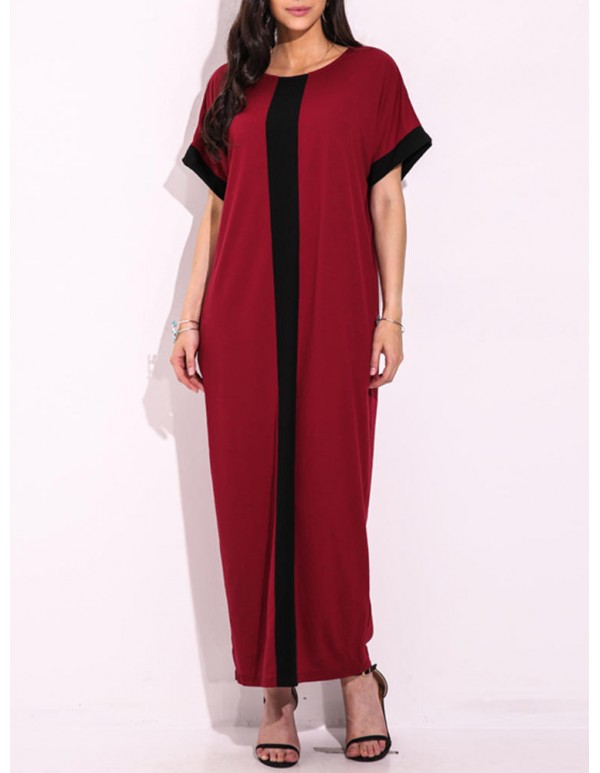 Women Casual Contrast Panel Stripe Scoop Neck Maxi Dress With Pocket